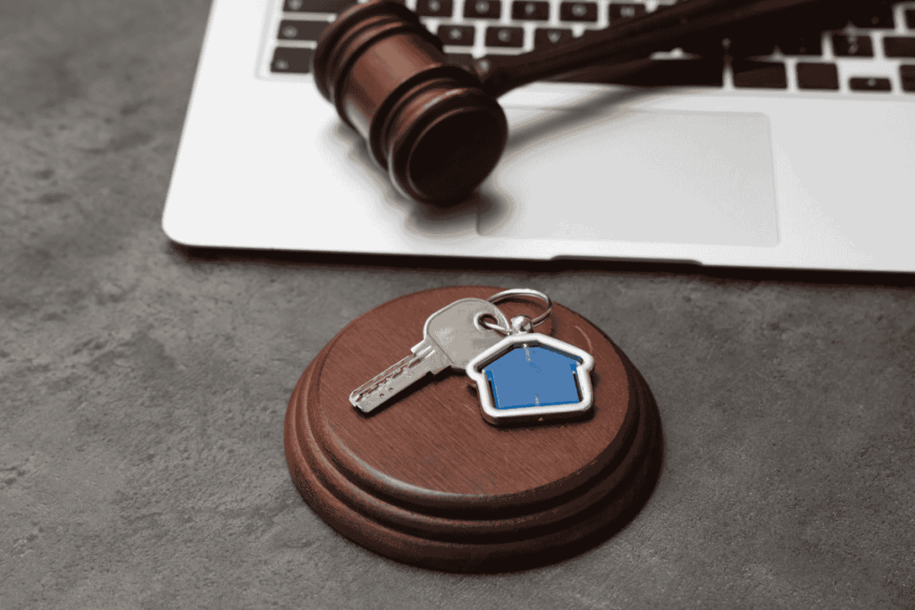 Ilustrace procesu aukce nemovitosti – zájemci soutěží o nemovitost, která se prodává nejvyšší nabídce. Zobrazuje typy aukcí: anglickou, holandskou a elektronickou obálkovou metodu.